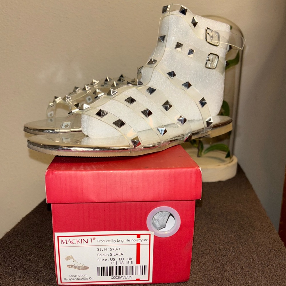 Mackin J silver sandals; clear with silver pointed studs; nice and comfortable